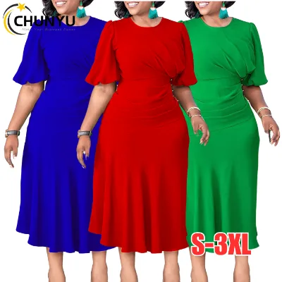 New Summer Elegant Dress Solid Color Oversized African Dress Pleated A-Line Round Neck Short Sleeved Dress