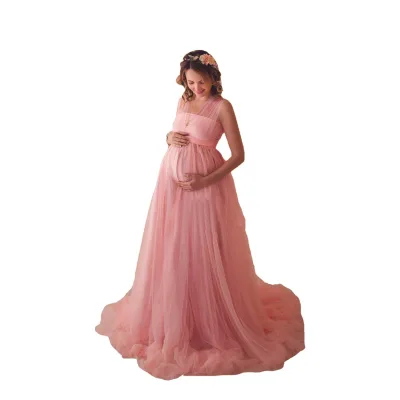 Plus Size European-American Maternity Gown Japanese-Style Spliced Tulle Tie-Back Floor-Length Photoshoot Dress`