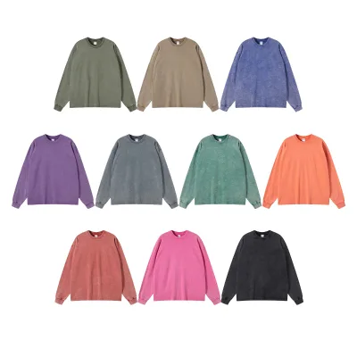 2024 Autumn Winter Trendy Brand 275g Vintage Wax Dyed Washed Long Sleeve Men's Crew Neck T-Shirt Couple Top Long T-Shirt