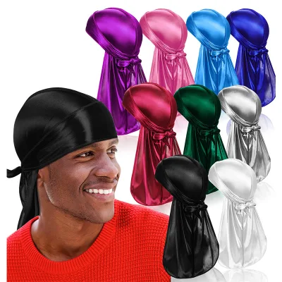Wholesale Polyester Imitation Silk Durag Long Tail Headscarf for Hair Waves 360 Headwrap Pirate Cap Multiple Solid Colors Trendy