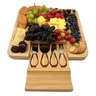 MINI MOQ Bamboo Cheese Board Set  Charcuterie Boards with 4 Stainless Steel Knife Serving Tray