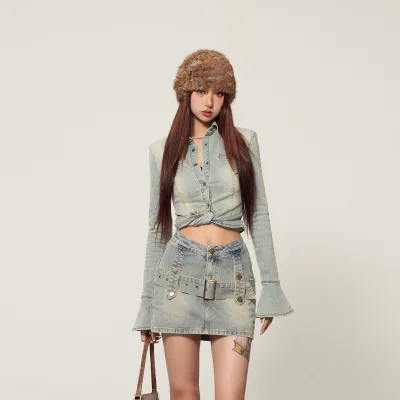 Lightweight Spring Stylish Outfit Jean Coat for Women Denim Trench Coat Washed Women's Jeans Coats