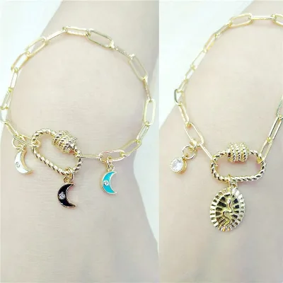 CH-CKT0579 Moon shape enamel charms bracelet,Clear cz pendant bracelet wholesale,Link chains clasp jewelry