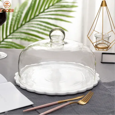 Cake Cover Cake Tray Dustproof Display Glass Cover with Bamboo and Wood Rotating Tray