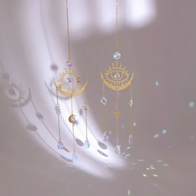 Large sun moon large crystal wind chimes outdoor stained glass window Sun Catcher