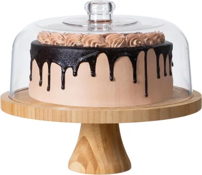 Custom Natural Bamboo Cake Stand with Lid,Multifunctional Cake Stand with Acrylic Dome Bamboo 6 in 1 Cake Plate Display Stand