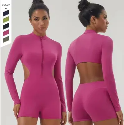 Custom Logo Breathable Nude Backless Ladies Jumpsuit Soft Comfortable Half Zipper Removable Chest Pad Outdoor Sports Bodysuit