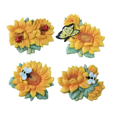 BSCI Factory 4 PCS Resin Fridge Magnets Sunflower Refrigerator Magnetr 3D Fridge Magnetic stickers