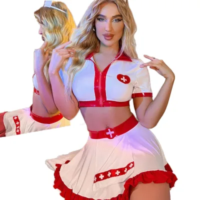 Custom Logo Plus Size Nursing Cosplay Mini Dress Cropped Shirt Nurse Servant Erotic Sexy Women Lingerie Set Polyester