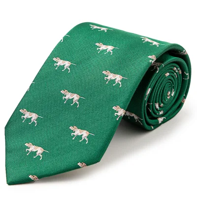 Luxury Men's 100% Silk Animal Patterned Jacquard Weave Eco-Friendly Emerald Green Necktie with All Over Pointer Dogs Design