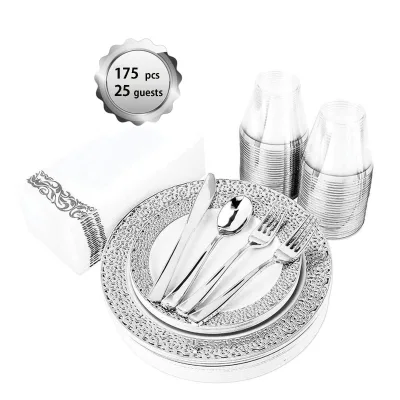 Service for 25 Guests, Party Wedding Tableware Silver Rim Leak Proof Disposable Plastic Dinnerware Sets Plate Cup Cutlery Napkin