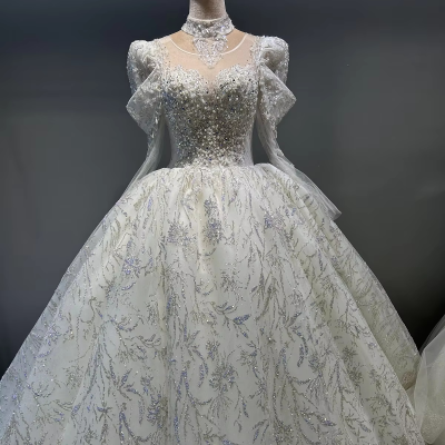 Wedding Ball Gown Bridal Dress Bride Skirt Elegant Fashion Long Sleeves Lace with Beads Rhinestone Shinny
