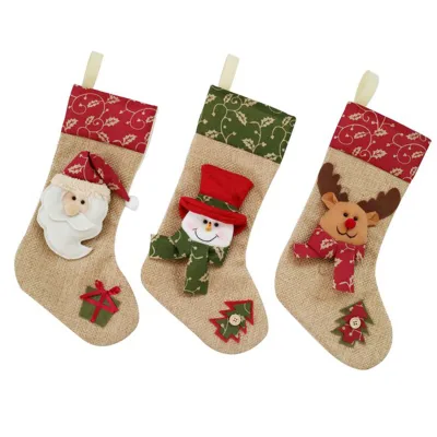 Wholesale Plain Cute Santa Snowman Reindeer Patterns Christmas Stocking Red Plush Christmas Stocking