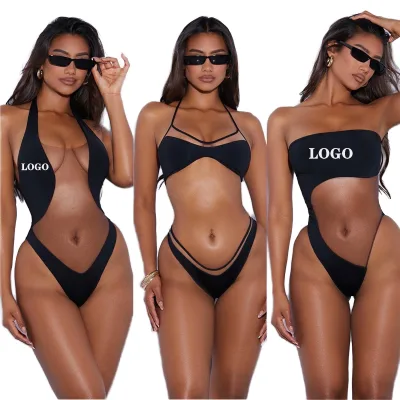 Summer New Women's Fashion Halter Neck See-through Mesh Sexy Backless Slim Hip Bodysuit
