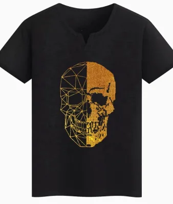 Mens Gothic Punk Rock Graphic Tee Shirt Golden Skull Urban Streetwear Diamond Bling 100% Cotton Terry Fabric