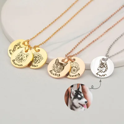 Classic Trendy 925 Silver Pet Sketch Engraved Necklace Featuring Portrait Photo Your Favourite Cat Dog for Custom Pet