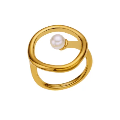 18K Gold Plated Waterproof Pearl Rings OEM Jewelry Stainless Steel Irregular Hollow Imitation Pearl Ring