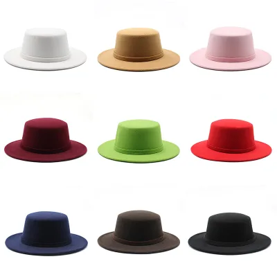 Landfond Accessory Solid Color Flat Top Fedora Hat-Image Style Casual Outdoor Party 100% Polyester for Autumn and Winter