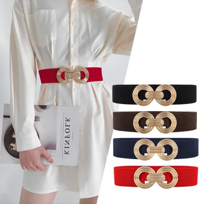 New Fall/winter Elastic Stretch Wide Belt for Women Featuring Alloy Double Ring Buckle 65cm Versatile Waist Cincher