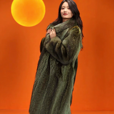 Dark Green Raccoon Fur Coat Women Winter Luxury Ranch Natural Racoon Fur Coat Full Length Dyed Dark Green Color Racoon Mink Coat