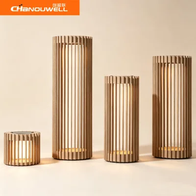 Natural Teak Wood Round Shape Solar Powered Lantern Slatted Wood Warm Light Water Resistant Outdoor Hotel Garden Patio