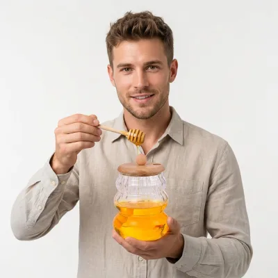 Custom Logo Elegant Glass Honey Pot Bamboo Lid Dipper Shape Antibacterial Moisture-Proof Airtight Honey Jar Wholesale Presents