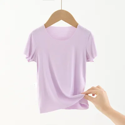 Summer Short Sleeve Baby Tops Round Neck Loose Modal Wholesale Kids T-shirt Solid Color for Baby