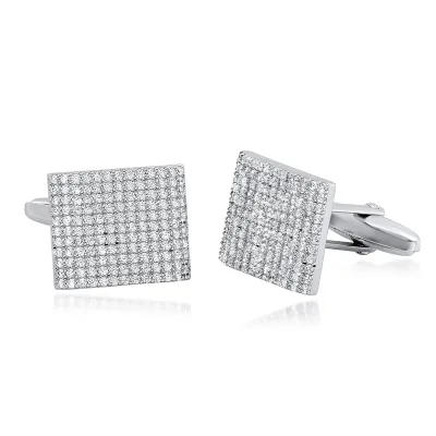Sterling Silver 925 Cufflinks for Men 18k Cubic Zirconia Jewelry Classic square Check Pattern Metal Shirt Cufflink Wedding Party