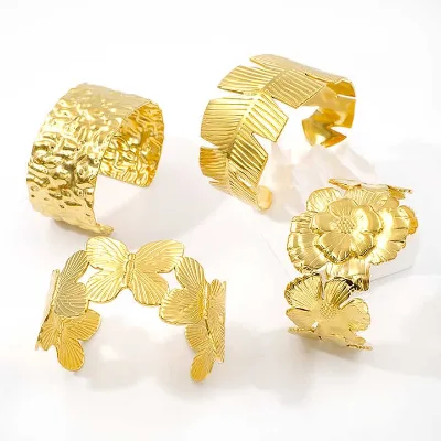 Fashion Stainless Steel Jewelry Wholesale Thick Flower Cuff Bracelet Gold Plated Designer Ladies Jewelry