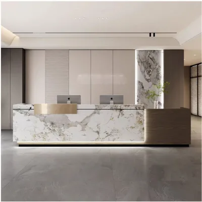 Nordic Luxury Wooden Reception Desk with Storage Cabinet for Hotel Hospital Dining Salon Use-Fiberglass & Wood Construction