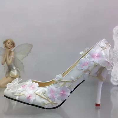 2024 New Flower Lace High-heel Bridal Shoes 3D Butterfly Decoration Women's Shoes 7cm 9cm Ladies Wedding Party Shoes