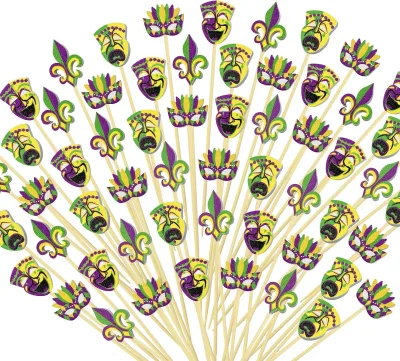200Pcs Mardi Gras Cocktail Picks 4.7 Inch Mardi Gras Fruit Toothpick Carnival Masquerade Decorative Toothpicks