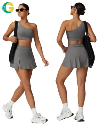 Women's One-Shoulder Sports Bra & Tennis Skirt 2-Piece Set, Quick-Dry Breathable Fitness Outfit for Gym, Running & Golf