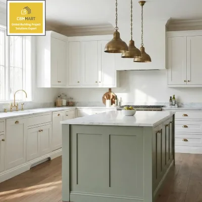CBMMART Modern Kitchen Cabinet Set Marble Countertop Faucet Premium Finish High-End Modular Kitchen Cabinets for Villa House
