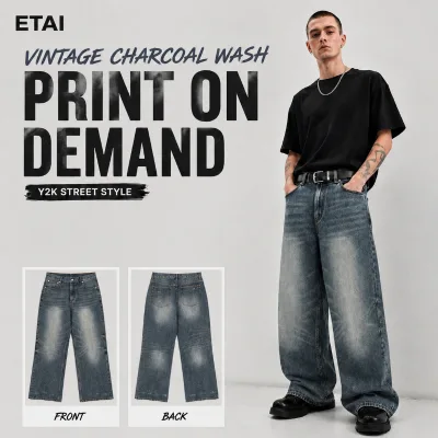Jeans Denim Pria Vintage Style Mens Jeans Custom Logo Streetwear Men's Loose Vintage Faded Baggy Jeans for Men Blank Blue Washed