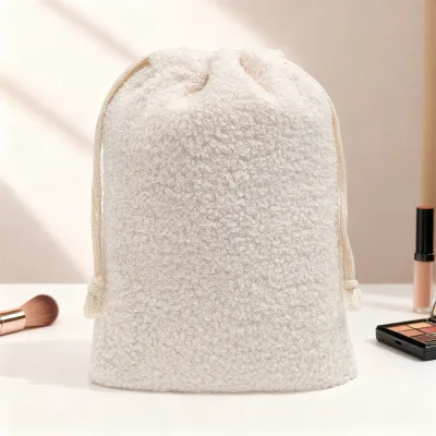 Vanity Pouch Drawstring Fluffy Teddy Fleece Cosmetic Bag with Storage for Makeup Brush Hair Accessories Jewelry Trinkets