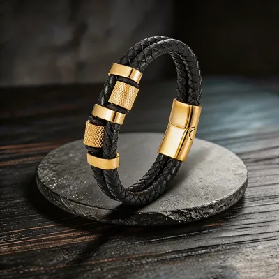 Customizable Multi-Layer Electroplated Stainless Steel Braided Leather Rope Mens Vintage Woven Bangle Bracelet