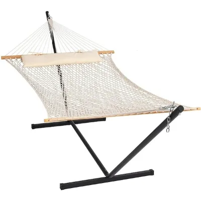 2 Person Double Cotton Rope Hammock with Stand Polyester Pad and Pillow for Backyard Porch Patio Garden Hammock Stand