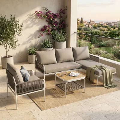 Outdoor Lounger Sectional Sofa Grey Rope Weave Furniture with Wood Top Coffee Table