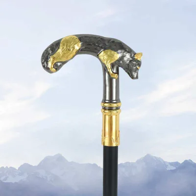Luxury Black Gold Plated Curved Fox Head Walking Stick Embossed Zinc Alloy Handle Vintage Cane Cosplay Masquerade Wholesale