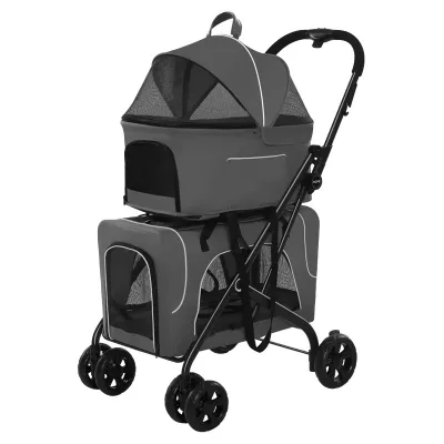 4 Wheels Foldable Cat Dog Stroller With Storage Basket Two Carrier Pet Stroller for Small and Medium Cats, Dogs