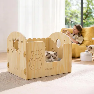 Solid Wooden Semi-Enclosed Cat Bed with Cartoon Carving Craft, Space-Saving for Small Apartments, Studios & Rental Homes
