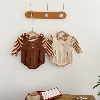 Spring Toddler Kids Girl Cotton Shirts + Bodysuit 2 Pcs Corduroy Cartoon Embroidery Plain Striped Clothes Baby Outfit Set