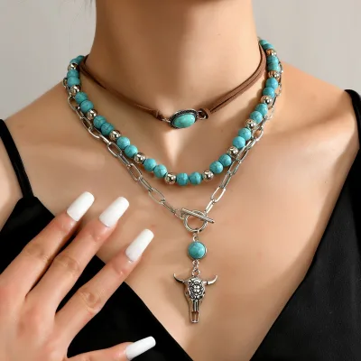 Ladies Jewelry Best-selling New Unisex 3-piece Set Copper Chain Animal-shaped Turquoise Bamboo Chain Necklace Fashion Choker
