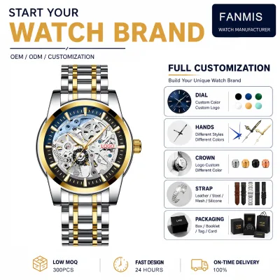 Custom Logo Luxury Men's Alloy Automatic Mechanical Watch Luminous Coin Full Skeleton Dial Blue Inner Bezel Stainless Steel
