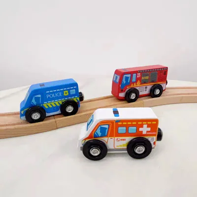 Wooden Police Car Fire Truck Ambulance Magnetic Toy 3 Pcs Set Smoothly Sliding Inertia Vehicles Colored Box Child Skill-Building