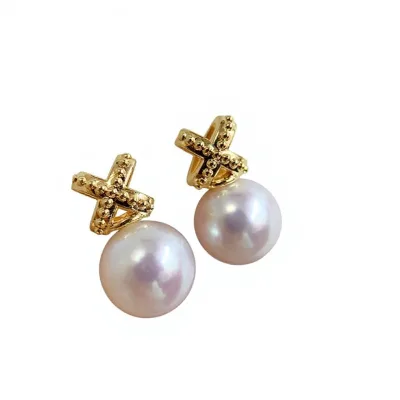 Ehao Jewelry 18K Gold Dew Cross Pearl Stud Earrings Simple Joker Elegant Natural Freshwater Pearl White Round