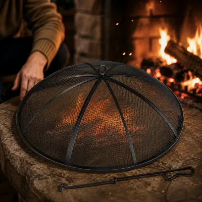 Wholesale Protective Round Domed Metal Mesh Spark Guard with Lifting Handle and Poker Fireplace Spark Screen