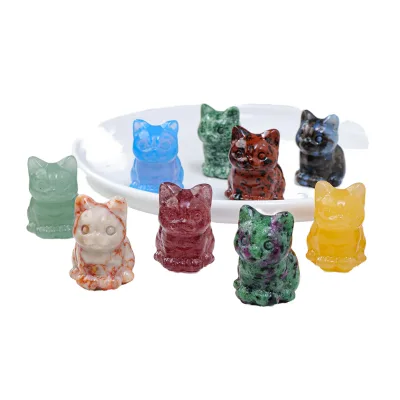 Natural Carved Crystal Fortune Cat Statue Rose Quartz Aventurine Healing Stone Cat Lucky Cat Crafted From Other Crystal Crafts