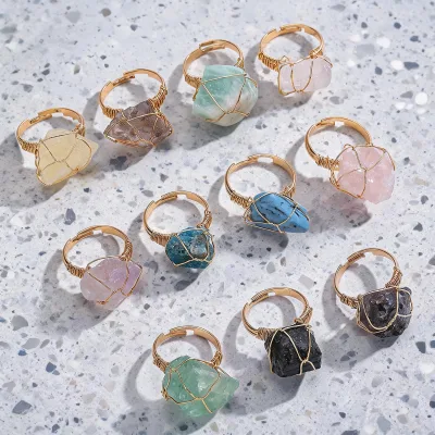 Wholesale Natural Crystal Raw Stone Ring with Irregular Winding Jewelry Healing Stone for Gift and Decoration